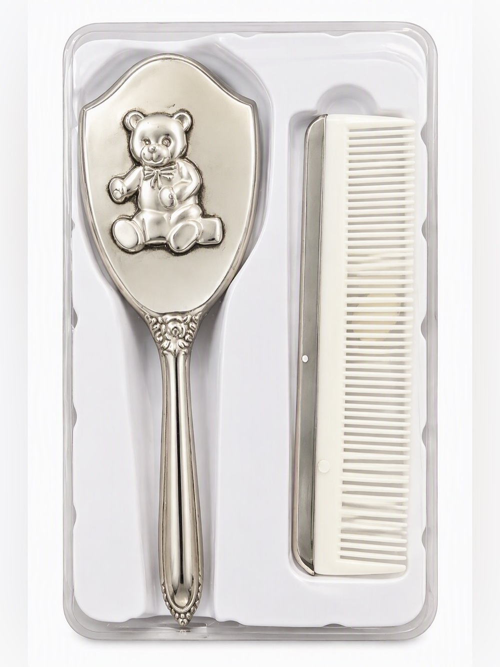 Vintage Avon Silver Plated Teddy Bear Baby Brush & Comb Set